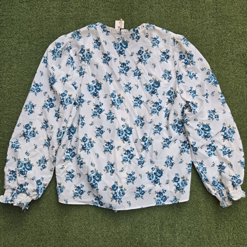 Oleana Top Women's Medium Cream/blue Floral Botton Up Tie Front - Picture 2 of 8